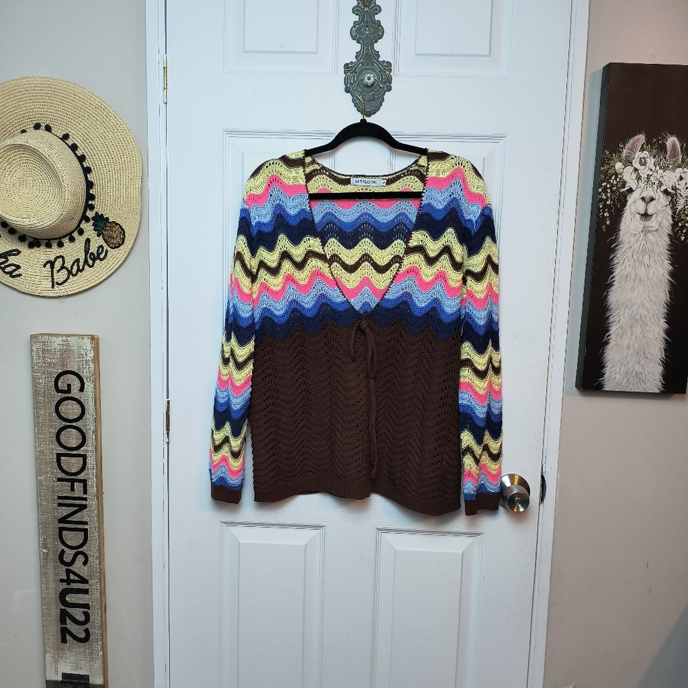 Misslook Crochet Open Knit Multicolor Deep Vneck Pullover Sweater XL Y2k